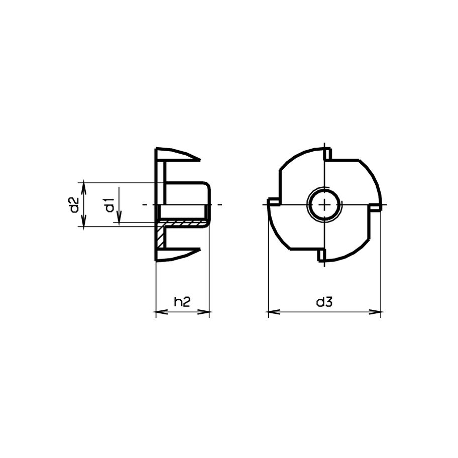 Einschlagmuttern mit 4 Spitzen Stahl M4x6